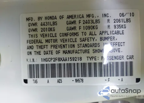 2010 Honda Accord 2.4 Ex-L from USA, damaged, VIN 1HGCP2F8XAA159218